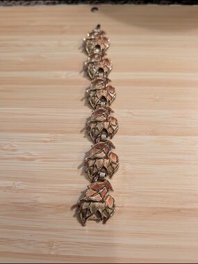 Gold and copper Tone Leaf Link Bracelet, Box Clasp, 7 in